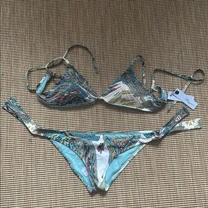 Blumarine turquoise Patterned Bikini with yellow and blue beads Set